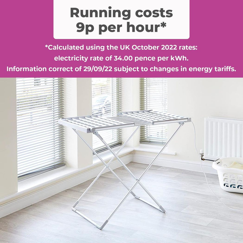 Heated Electric Clothes Airer open in a bright room drying a full load