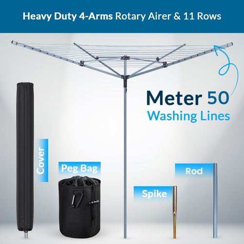 Four-Arm Rotary Washing Line, what's included: ground spike, peg bag and cover