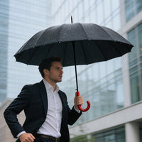 Premium Large Windproof Umbrella in use in heavy rain in the city
