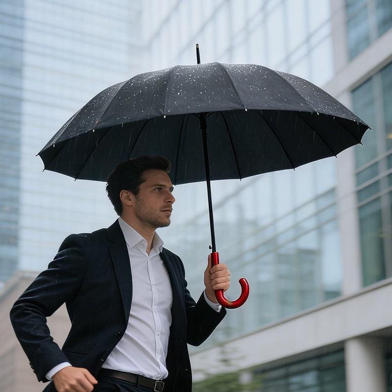 Premium Large Windproof Umbrella in use in heavy rain in the city