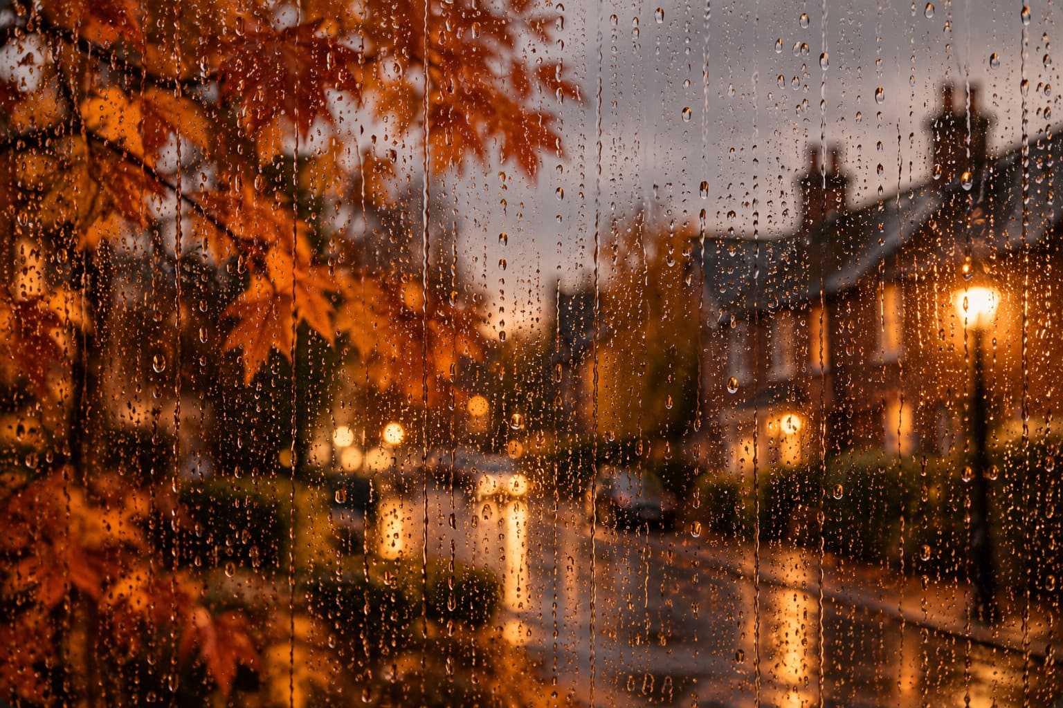 Orange autumn maple leaves and raindrops on a window, with blurred street lights and houses outside